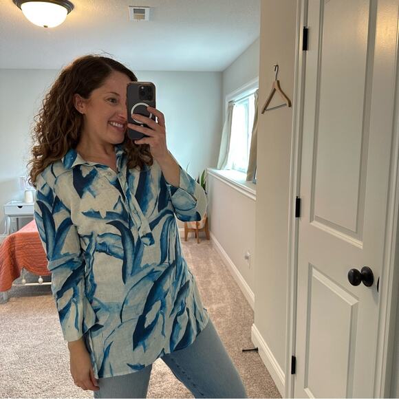 Chico’s Blue White Linen Printed Tunic Top Small - Picture 4 of 11